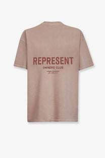 Beige short sleeved cotton t shirt with bold red represent owners club graphic on the back for men