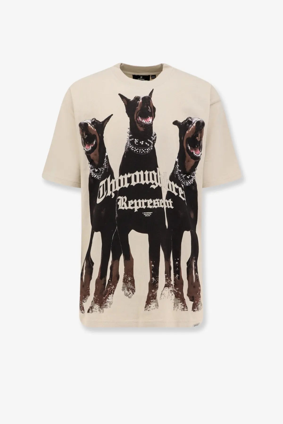 Beige men’s cotton t-shirt featuring three black doberman pinschers and thoroughbreds represent gothic text