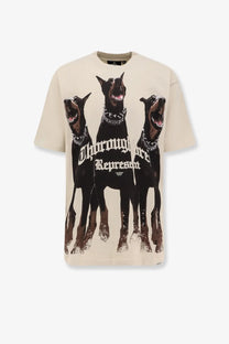 Beige men’s cotton t-shirt featuring three black doberman pinschers and thoroughbreds represent gothic text