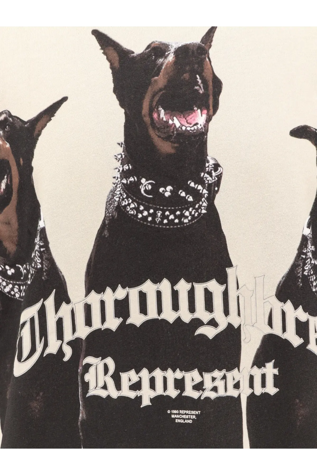 Represent men’s white cotton shirt featuring a black doberman pinscher graphic with white gothic lettering and studded bandana design