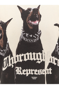 Represent men’s white cotton shirt featuring a black doberman pinscher graphic with white gothic lettering and studded bandana design
