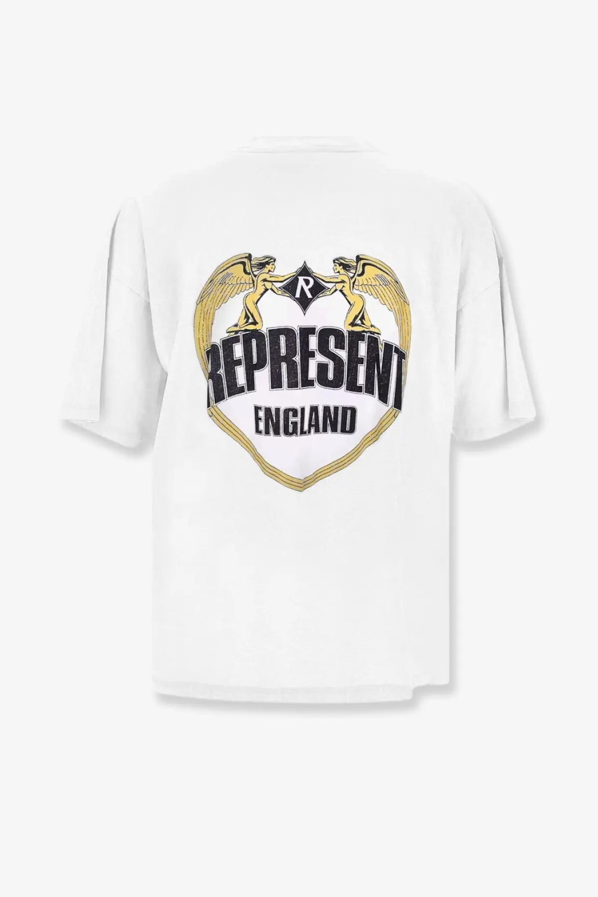 Represent men’s white cotton short-sleeved shirt with bold gold and black represent england graphic with winged figures