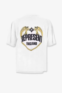 Represent men’s white cotton short-sleeved shirt with bold gold and black represent england graphic with winged figures