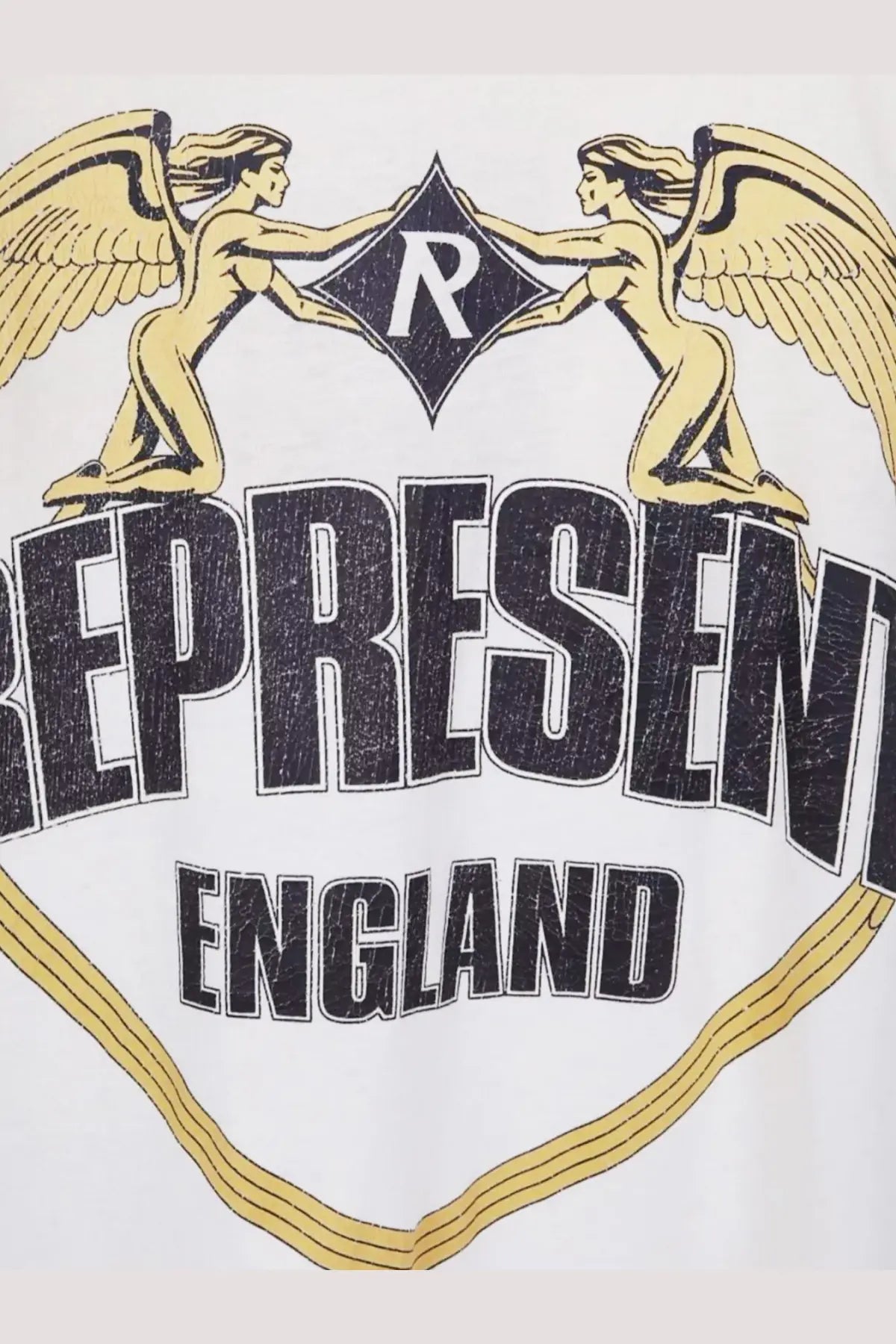 White represent men’s cotton t-shirt with bold black and gold graphic of winged figures and diamond shaped r logo