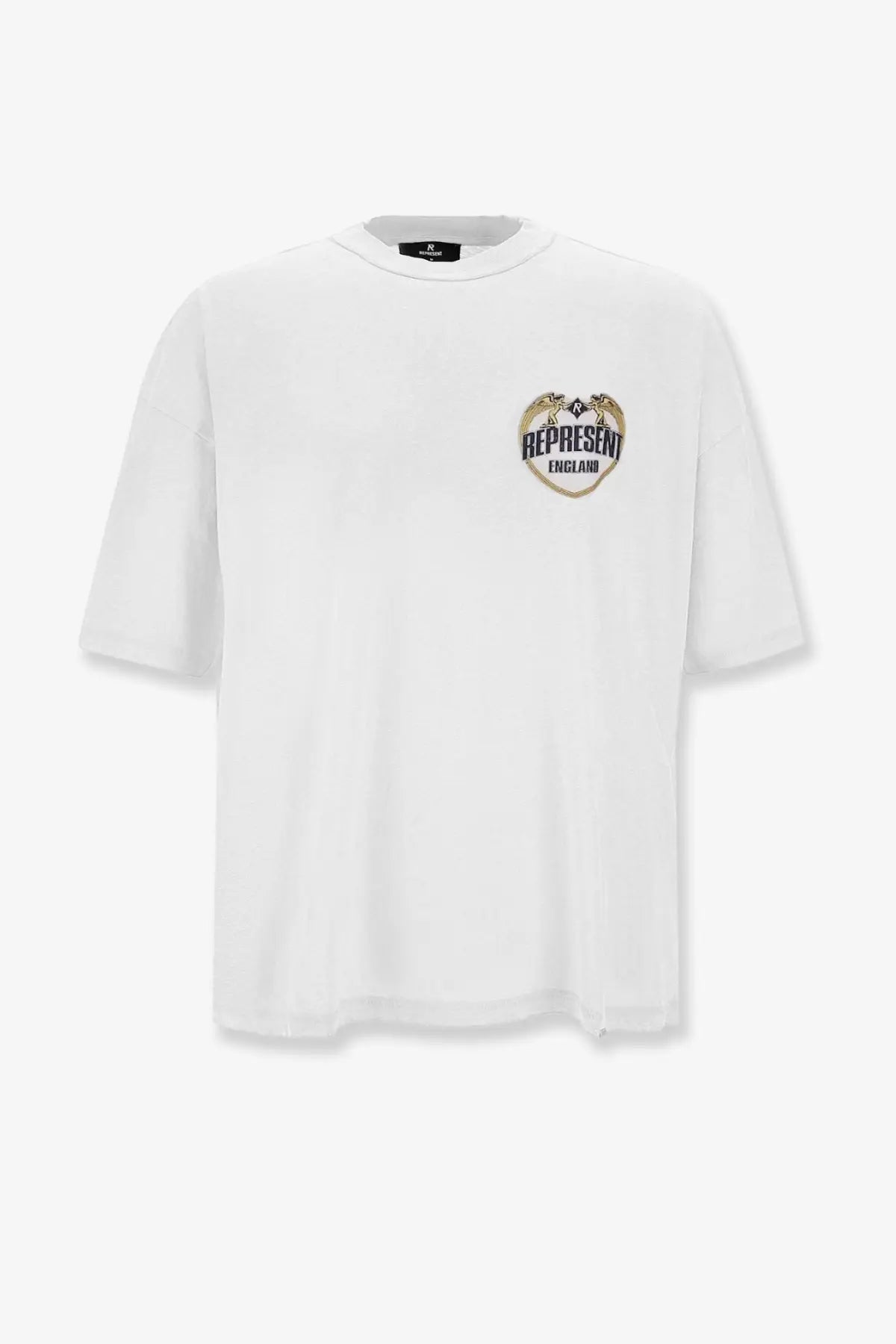 Represent men’s white cotton t-shirt with heart shaped represent england graphic in gold and black on left chest