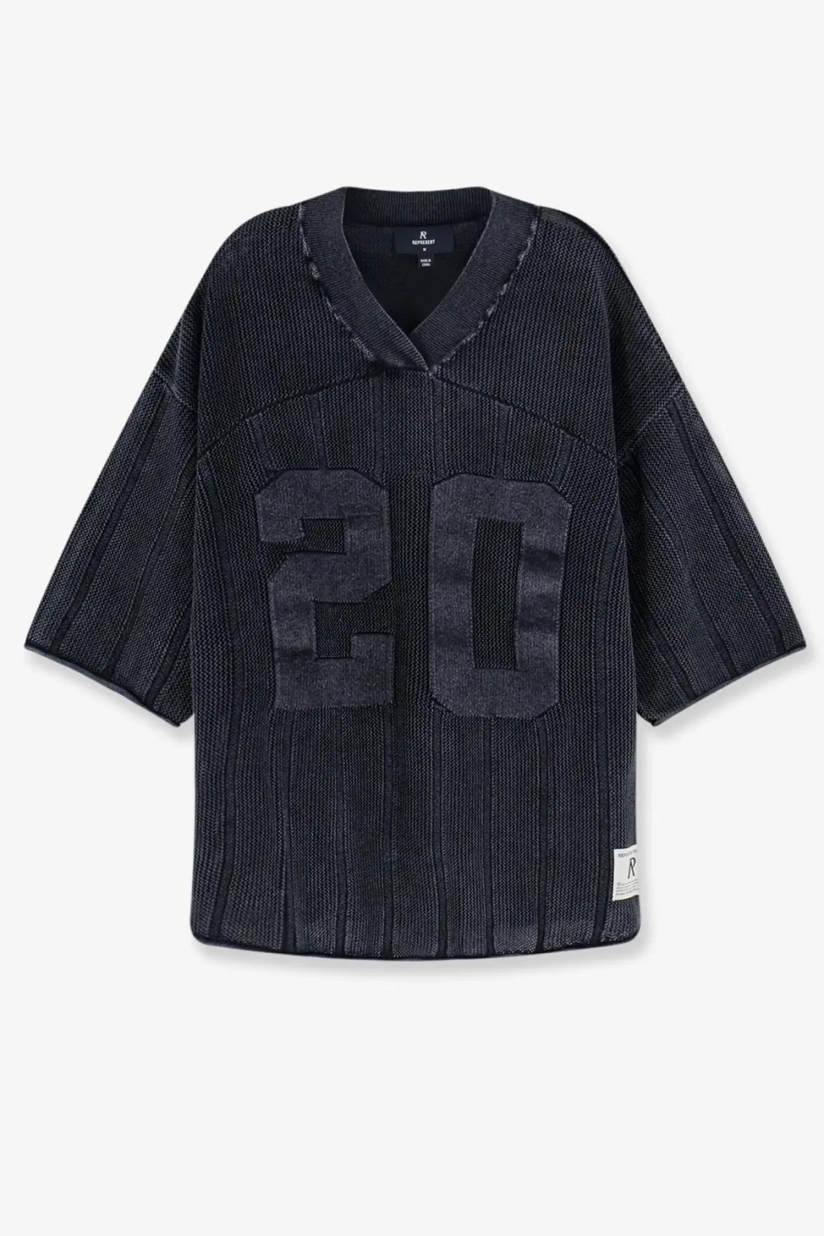 Represent men’s cotton sweater grey black ribbed knit jersey with oversized v neck and dark gray 20 number detail
