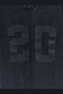 Represent men’s dark blue cotton ribbed knit sweater with textured 20 appliqué in matching fabric