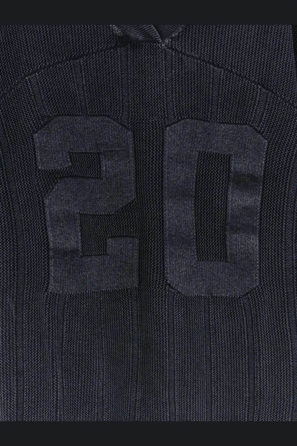 Represent men’s cotton sweater grey in dark blue ribbed knit with textured number 20 appliquéd on front