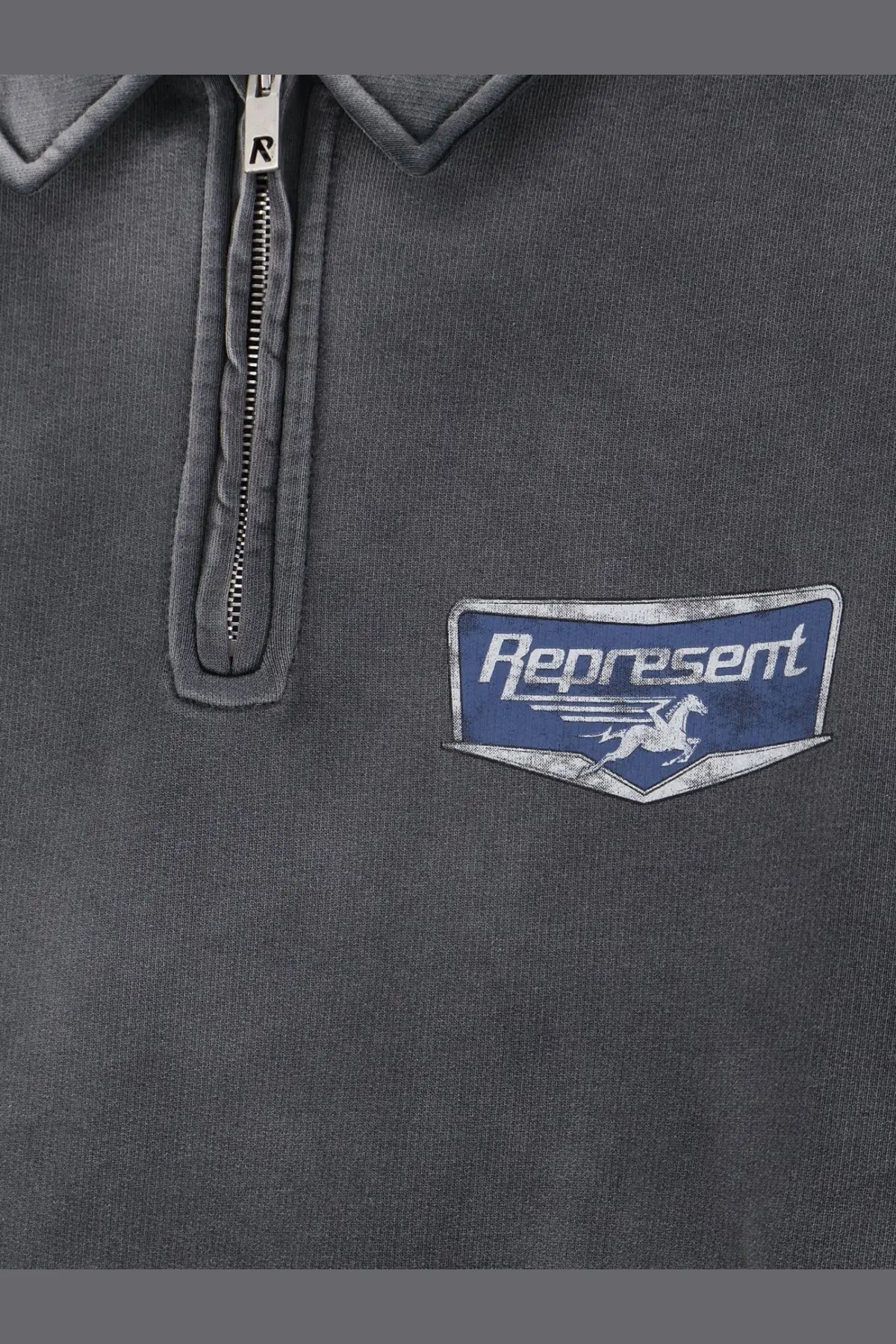 Represent men’s black cotton sweatshirt dark gray half-zip pullover with blue and white running horse logo patch