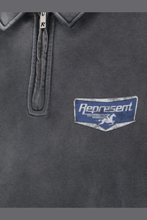 Represent men’s black cotton sweatshirt dark gray half-zip pullover with blue and white running horse logo patch