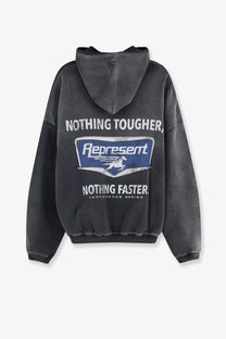 Dark gray represent men’s cotton sweatshirt with faded logo and bold white text nothing tougher nothing faster on back