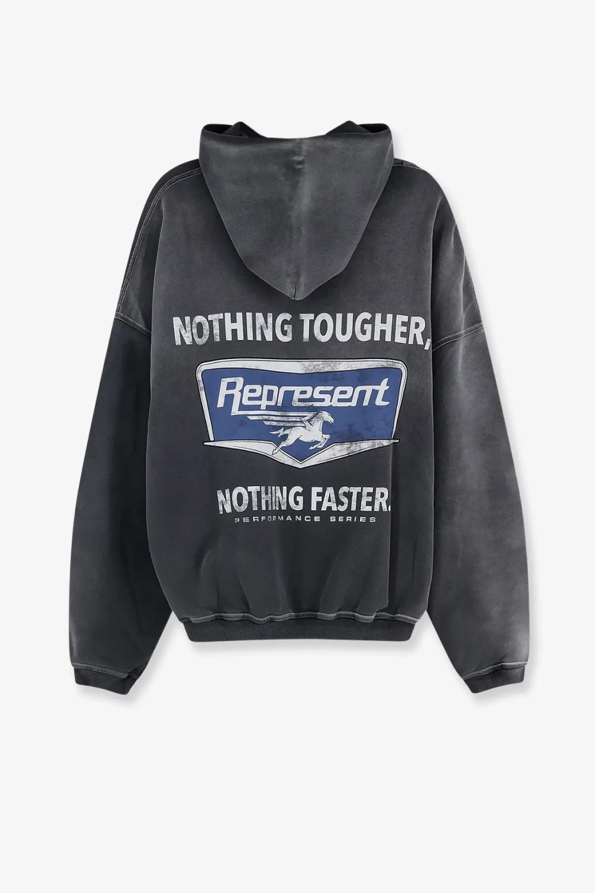 Dark gray represent men’s cotton sweatshirt with faded logo and bold white text nothing tougher nothing faster