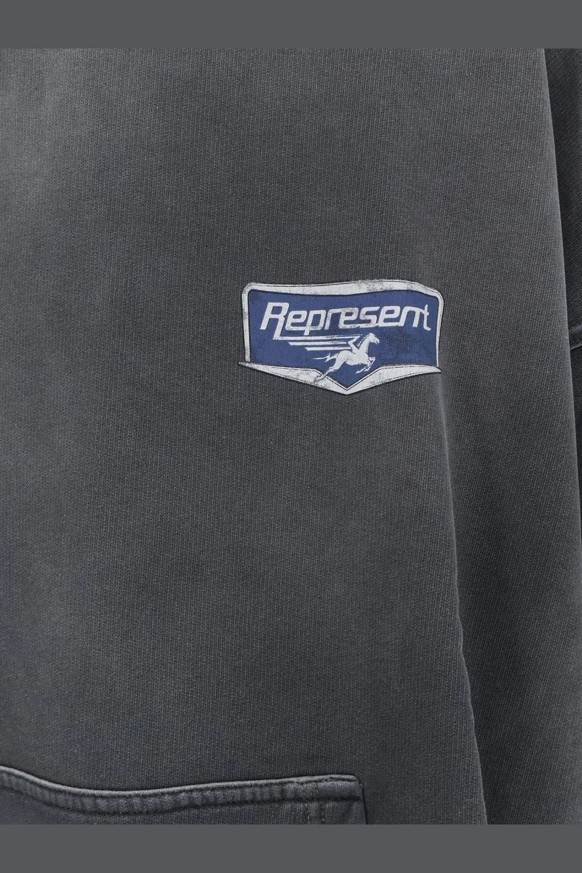 Dark gray cotton jacket with blue and white embroidered represent patch and flying horse logo on the front