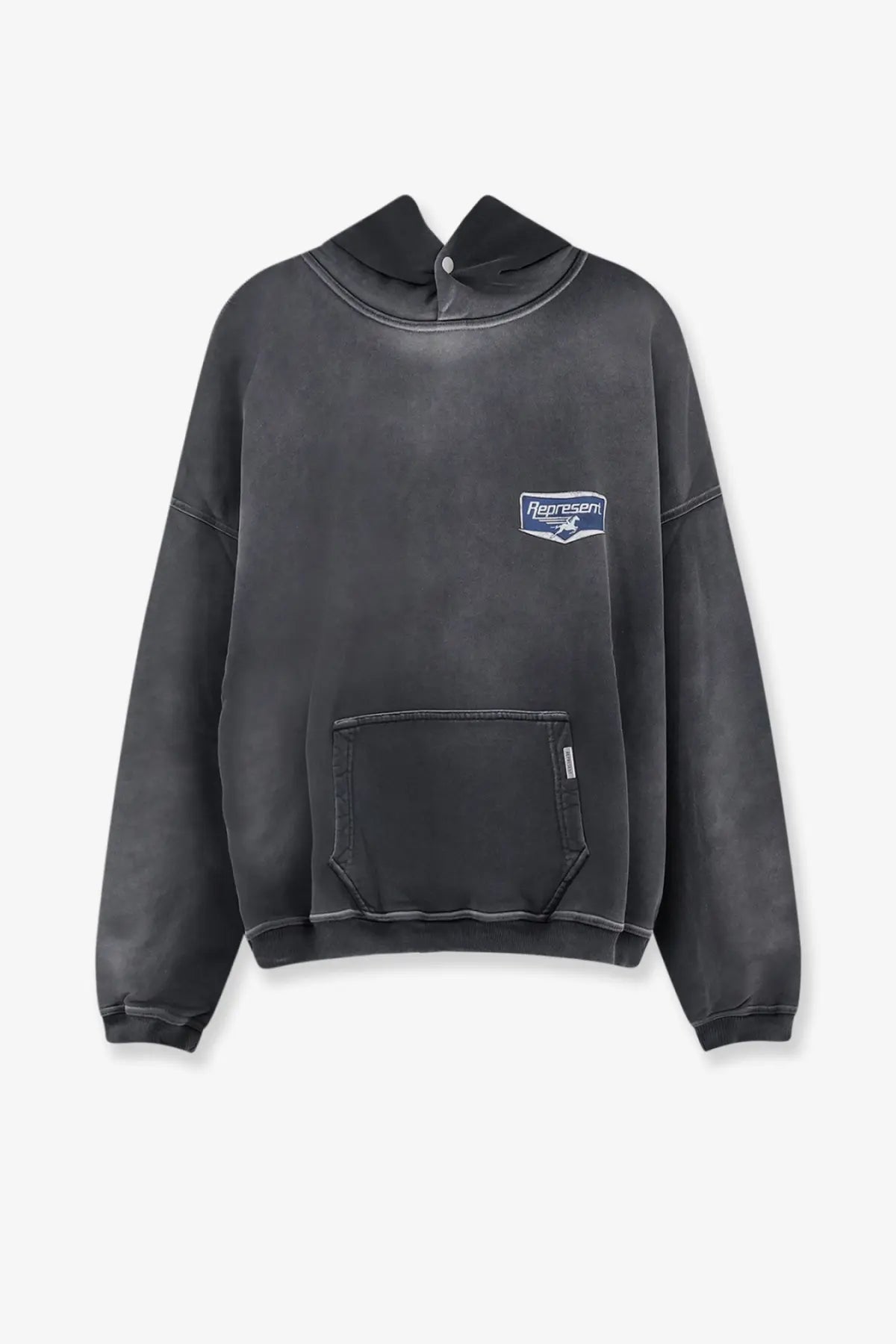 Represent men’s cotton sweatshirt black dark gray oversized hoodie with front pocket and small represent logo patch on chest