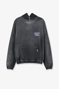 Dark gray oversized cotton hoodie with front pocket and small represent logo patch on chest for men