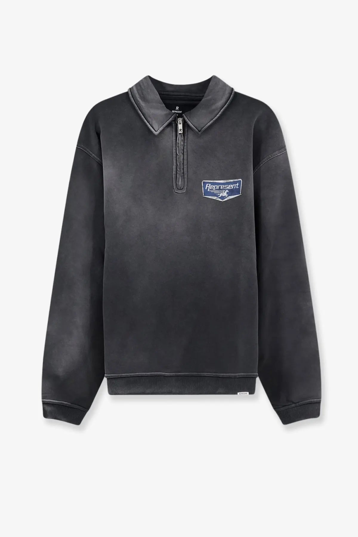 Represent men’s black cotton sweatshirt with distressed half-zip and blue embroidered represent logo patch on chest