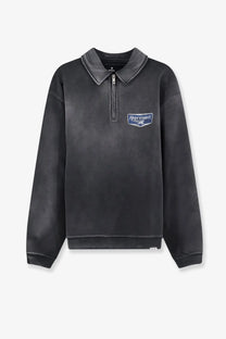 Represent men’s black cotton sweatshirt with distressed half-zip and blue embroidered represent logo patch on chest