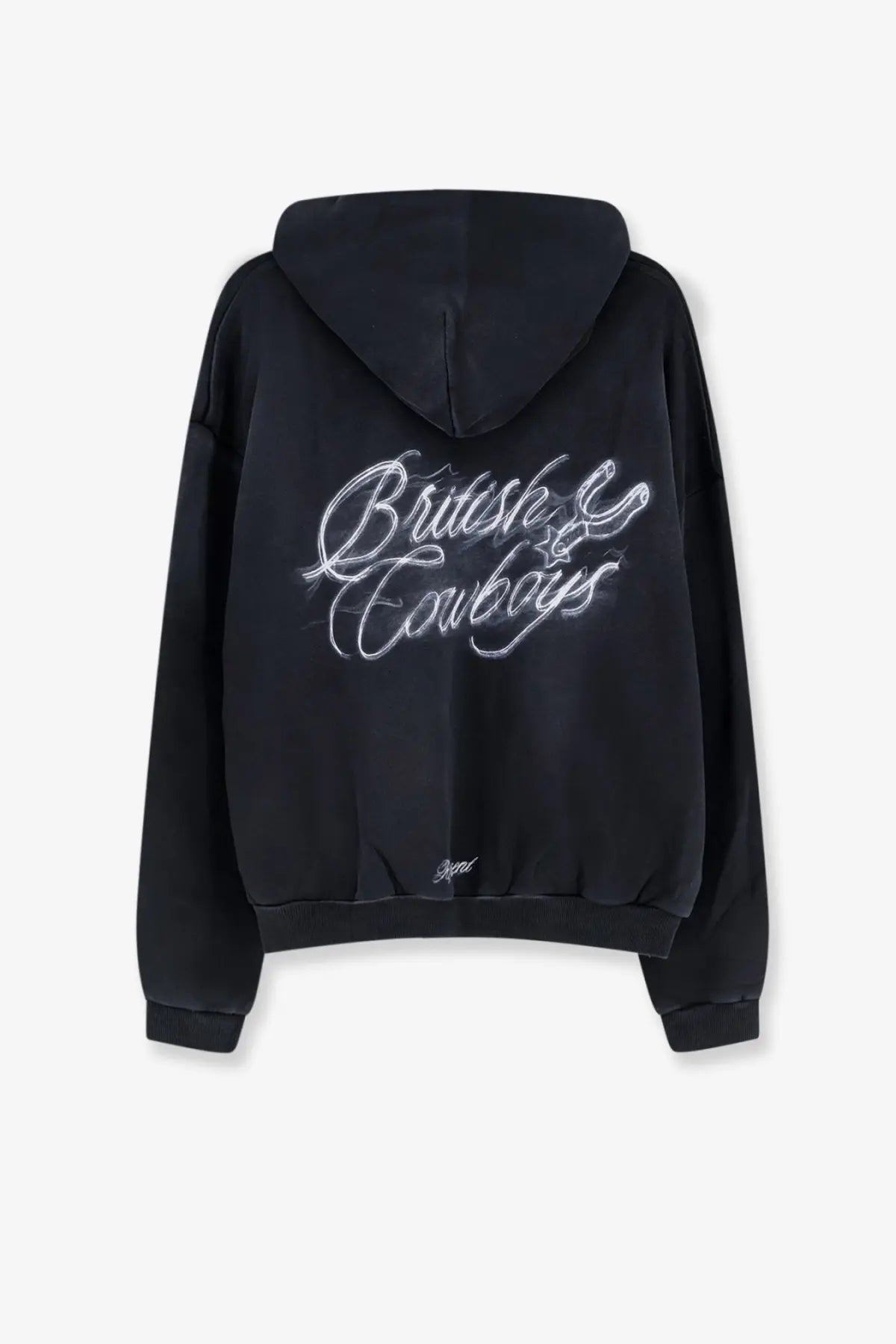 Back of represent men’s black cotton sweatshirt with british cowboys embroidered in glowing white script