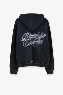 Back of represent men’s black cotton sweatshirt with british cowboys embroidered in glowing white script