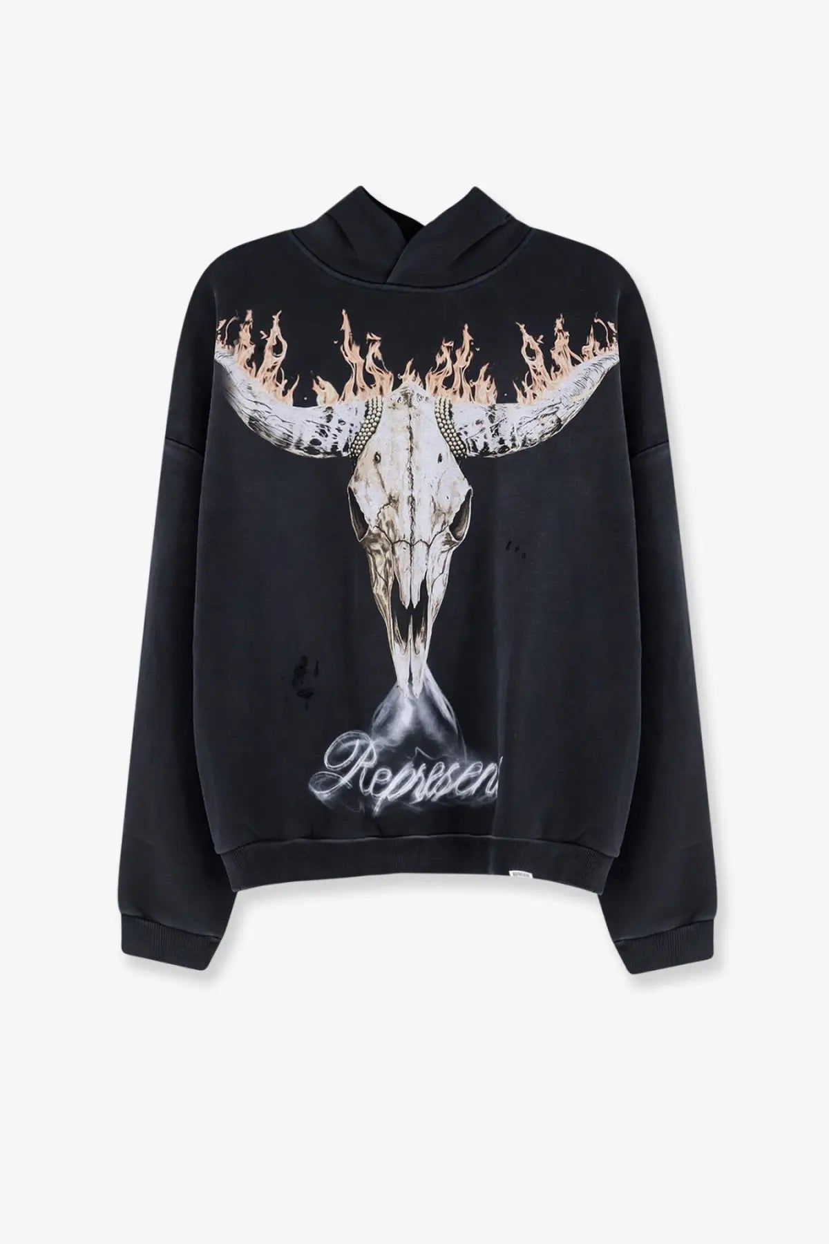 Black cotton Represent men’s sweatshirt with a large flaming bull skull graphic and cursive represent text below