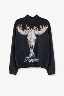 Black cotton Represent men’s sweatshirt with a large flaming bull skull graphic and cursive represent text below