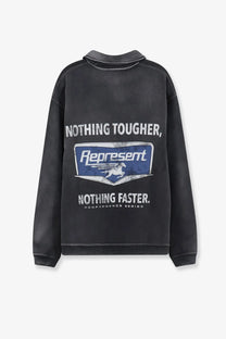 Black leather-like bomber jacket with distressed represent logo and bold white text nothing tougher nothing faster