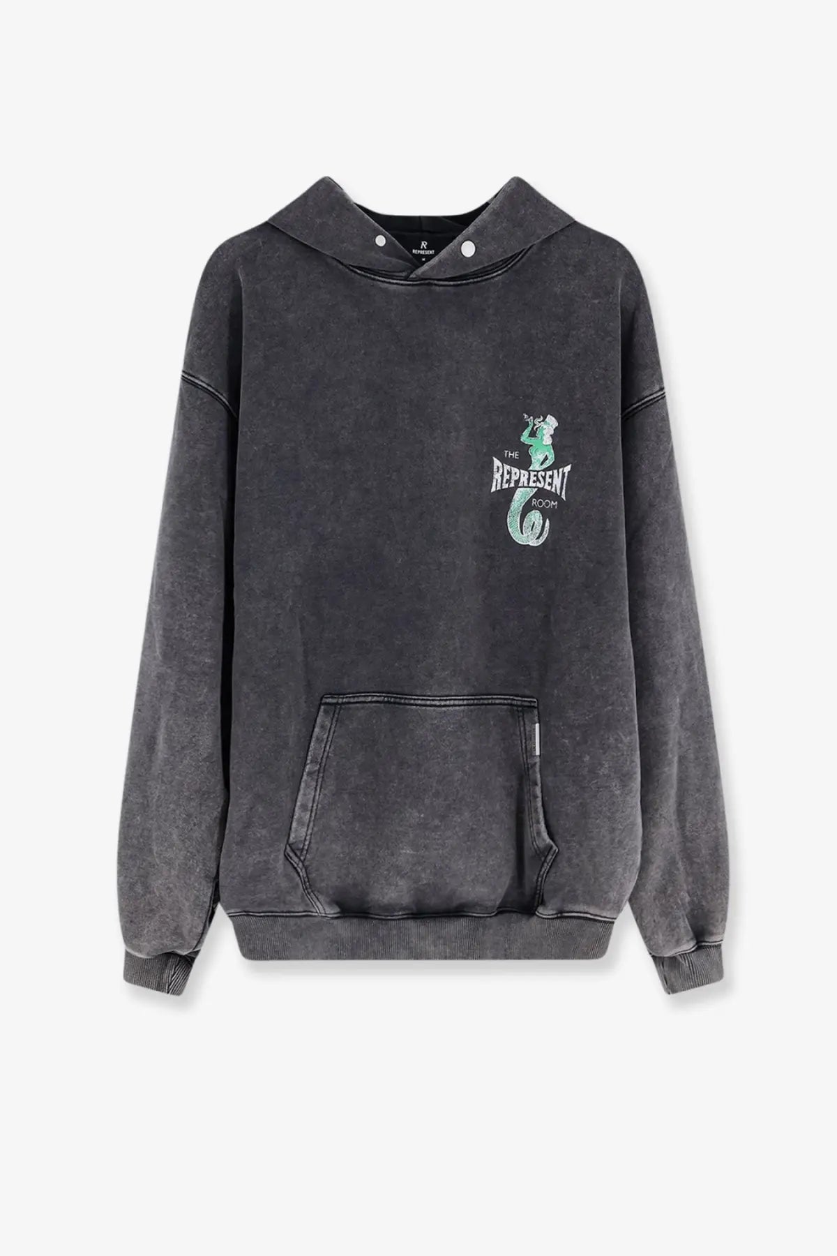 Represent men’s grey cotton sweatshirt featuring a dark gray faded hoodie with a green mermaid graphic and the represent text