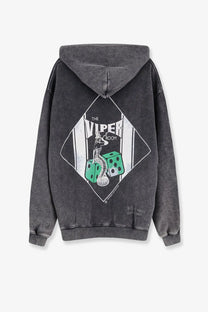 Dark gray represent mens cotton hoodie with diamond graphic featuring the viper room text snake and green dice
