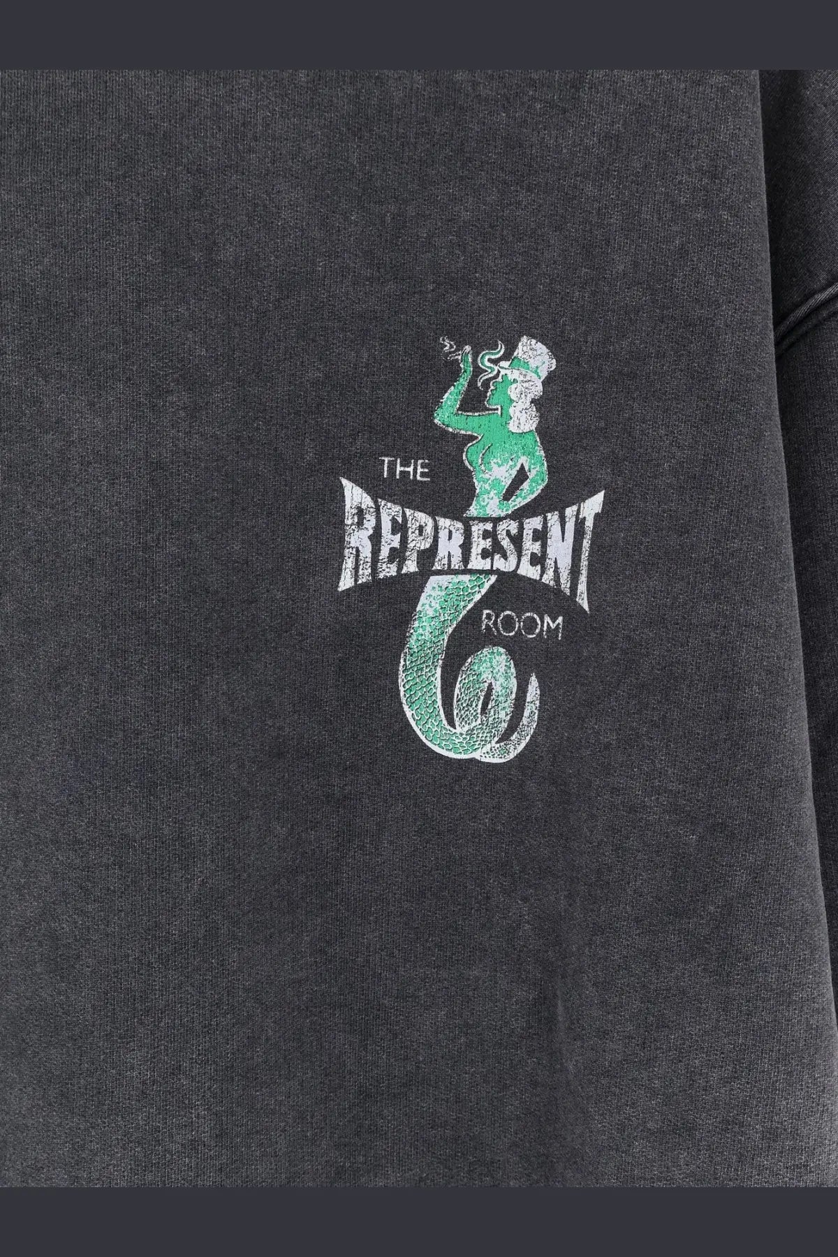 Represent men’s dark gray cotton sweatshirt with teal and white mermaid graphic and the represent room text below