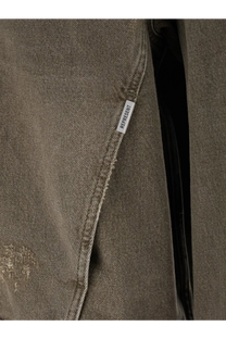 Represent men’s denim jacket green in faded olive with distressed texture frayed stitching and white label on the seam