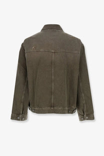 Olive green denim jacket by represent men with classic collar and buttoned cuffs made from durable denim fabric