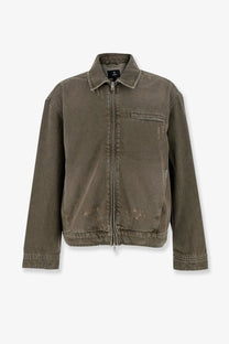 Olive green distressed denim jacket by represent with classic collar and front zipper for men