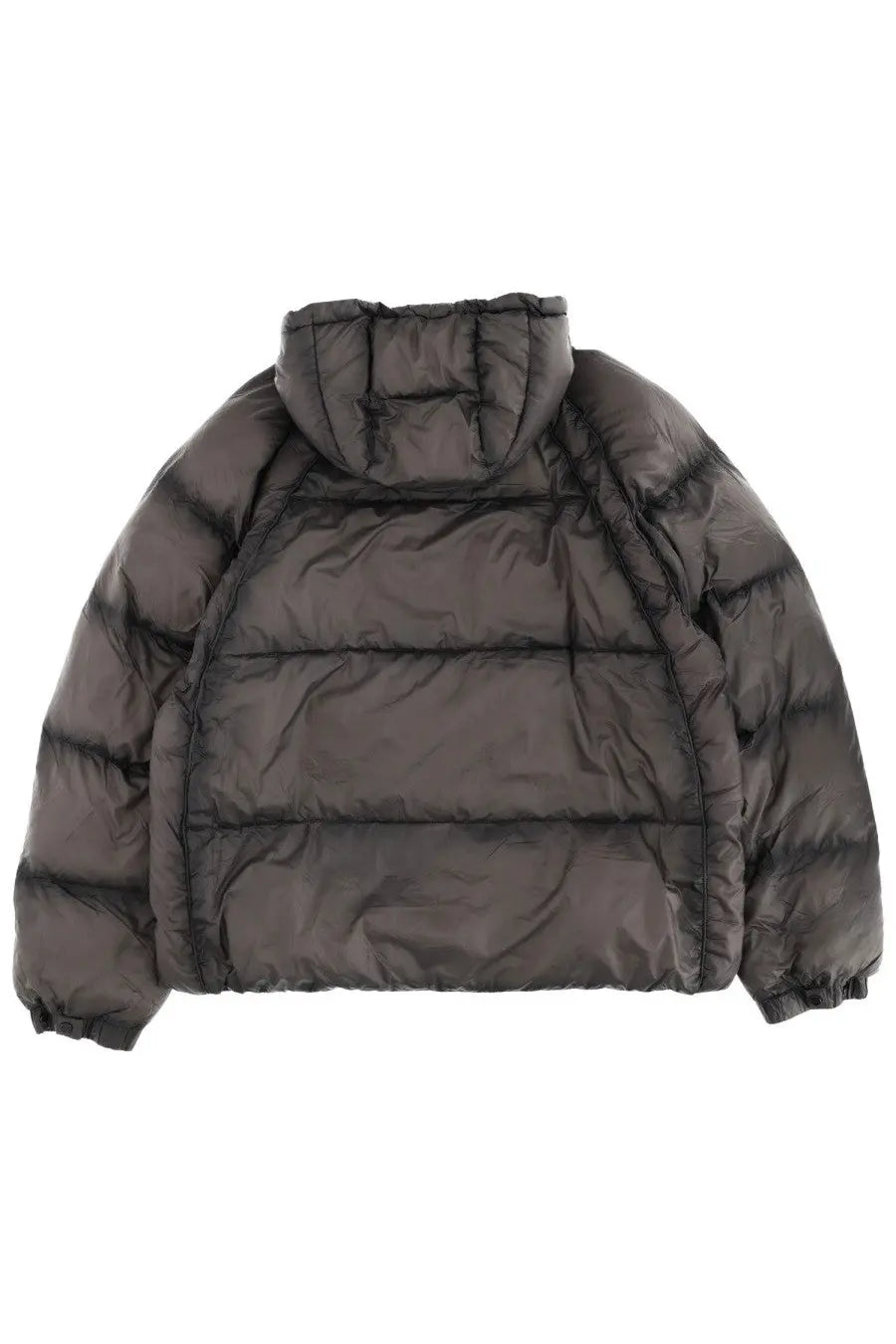 Dark gray represent men’s down jacket with quilted design and hood made from insulated puffer material