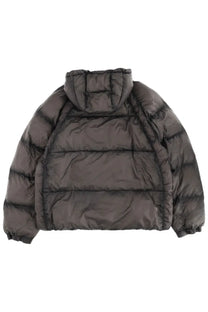 Dark gray represent men’s down jacket with quilted design and hood made from insulated puffer material