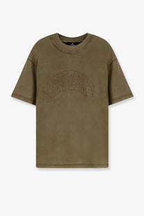 Olive green oversized cotton t-shirt with subtle arched graphic chest design from represent men’s collection