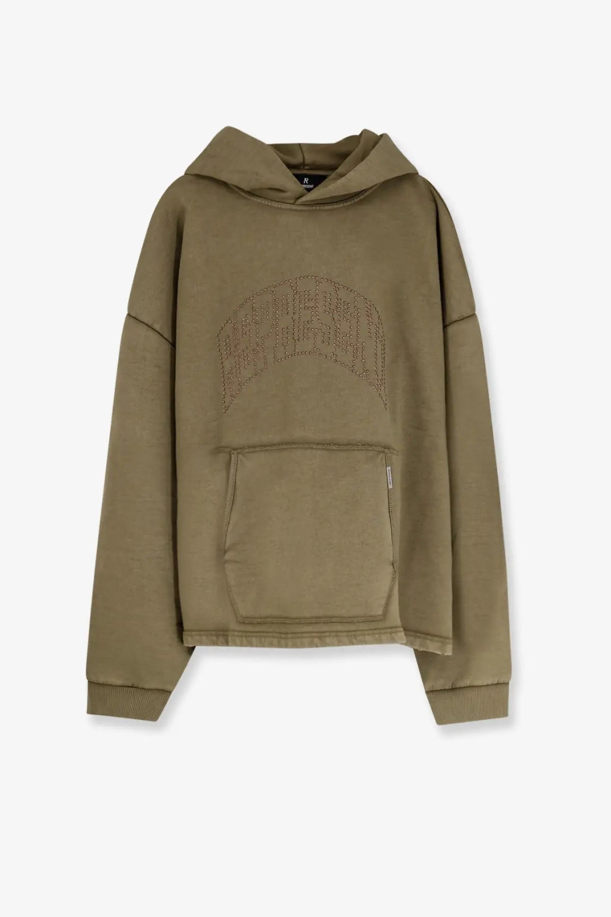 Olive green oversized represent men’s hoodie with textured embroidered arch and front kangaroo pocket in cotton