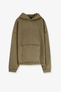 Olive green oversized represent men’s hoodie with textured embroidered arch and front kangaroo pocket in cotton