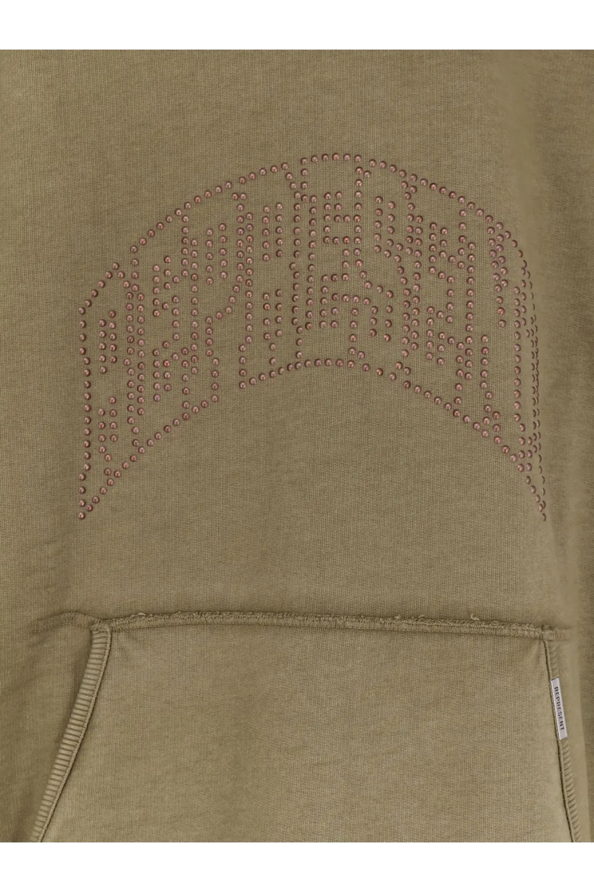 Olive green cotton men’s hoodie by represent with rose gold rhinestone arch spelling madison on the chest