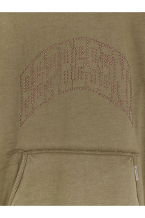 Olive green cotton men’s hoodie by represent with rose gold rhinestone arch spelling madison on the chest