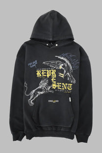 Represent men’s felpa con stampa black hoodie with bold eagle and lion graphic and yellow represent text on chest
