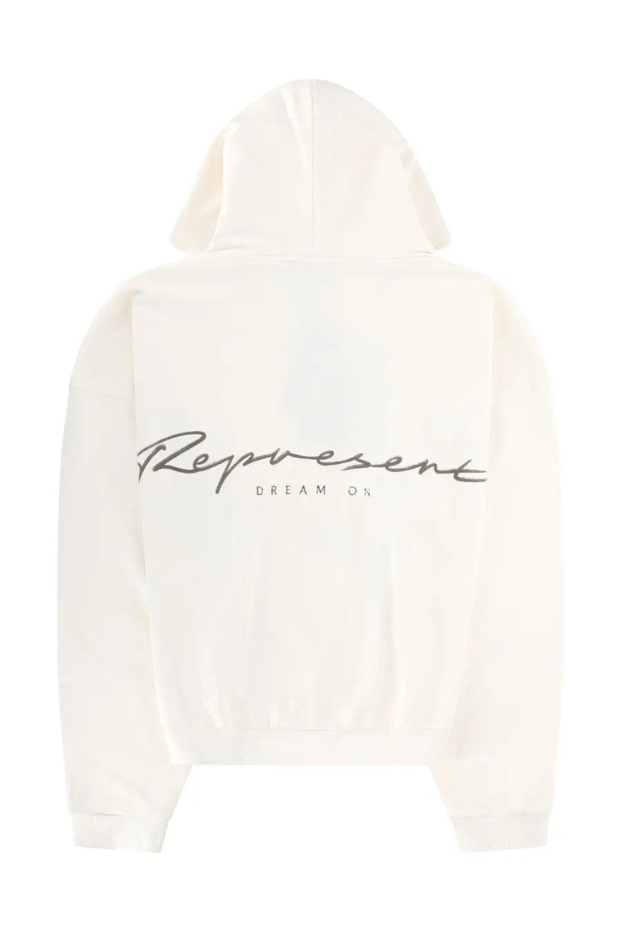 Represent men’s cream-colored cotton hoodie with cursive represent logo and smaller text on front