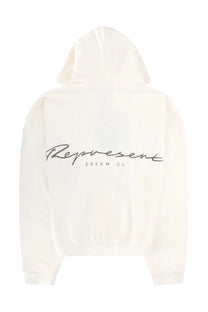 Represent men’s cream-colored cotton hoodie with cursive represent logo and smaller text on front
