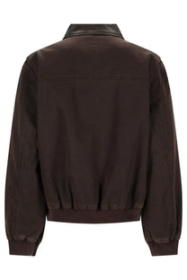 Represent men’s giacca bomber trucker brown dark brown jacket with black leather collar and ribbed cuffs front view