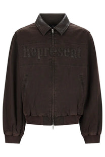 Represent men’s giacca bomber trucker brown dark brown jacket with black leather collar and embroidered represent logo