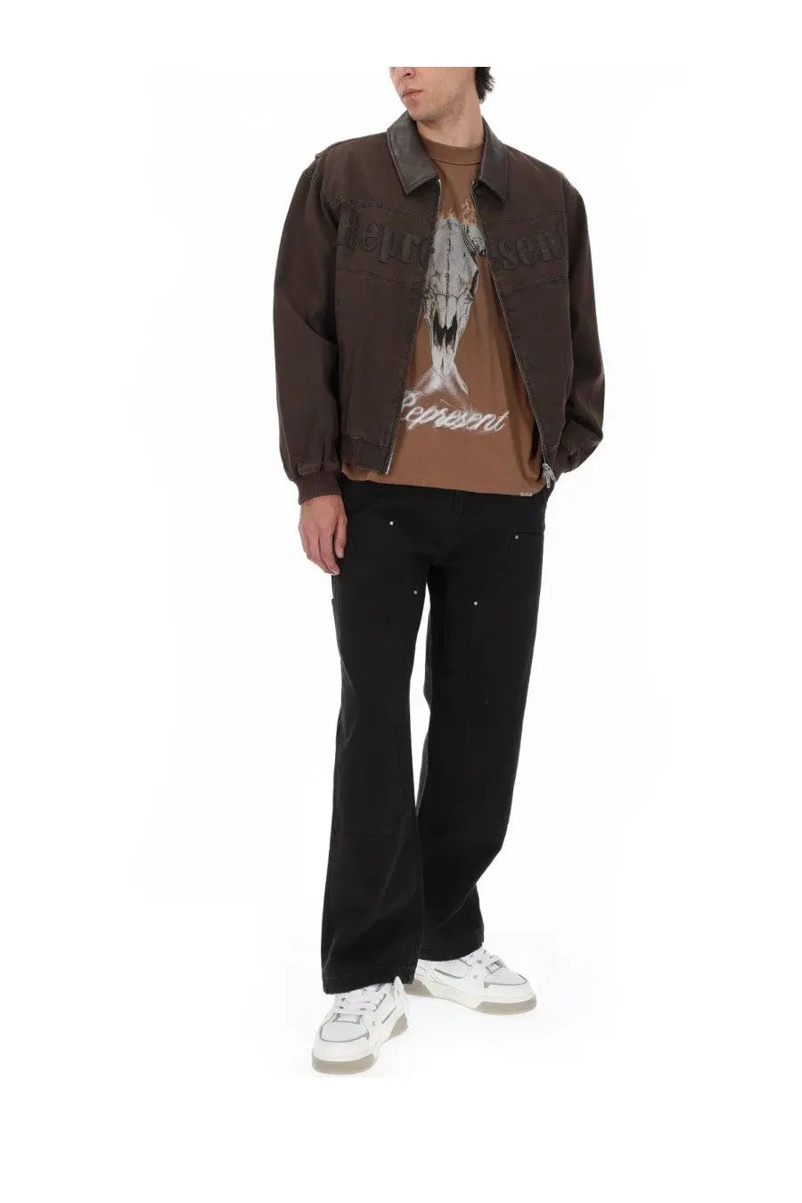 Represent men’s giacca bomber trucker brown brown denim jacket with collar front zipper and embroidered chest graphic