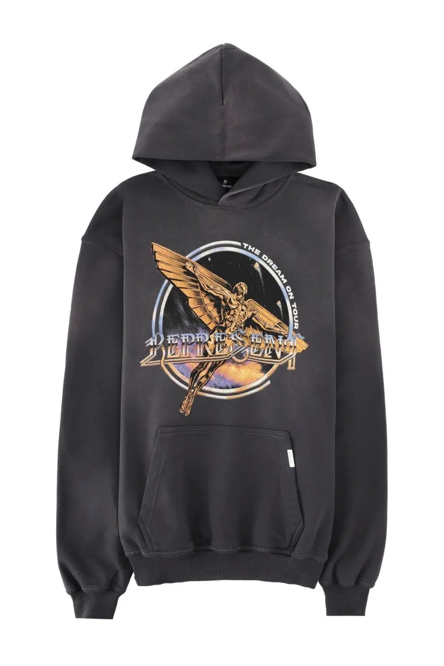 Black hoodie with gold and blue angelic graphic and the dream on tour text featuring jettie eleven band logo