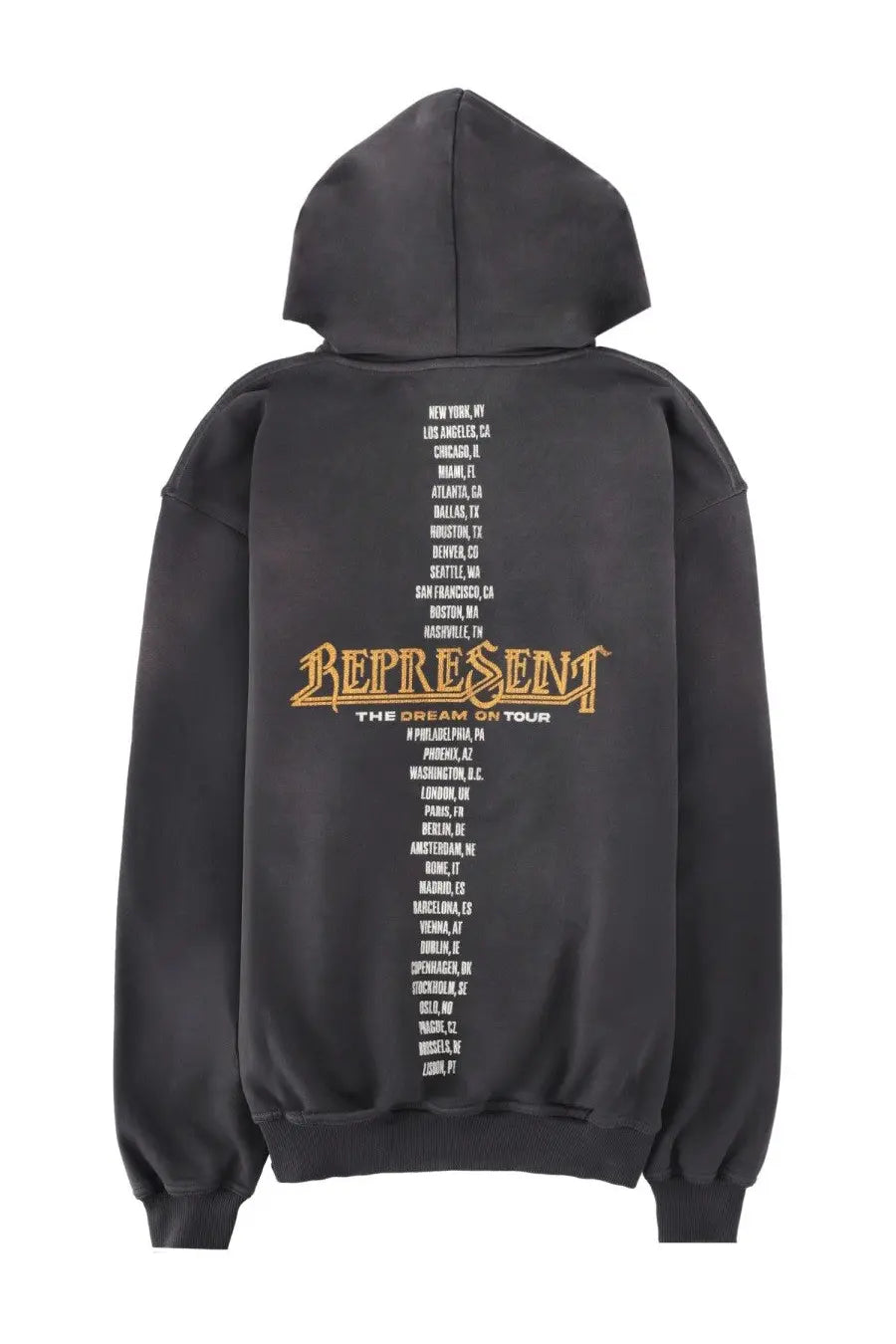 Black Represent men’s hoodie with gold and white band tour itinerary graphic and the dream on tour text on the back