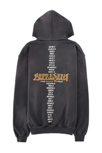 Black Represent men’s hoodie with gold and white band tour itinerary graphic and the dream on tour text on the back