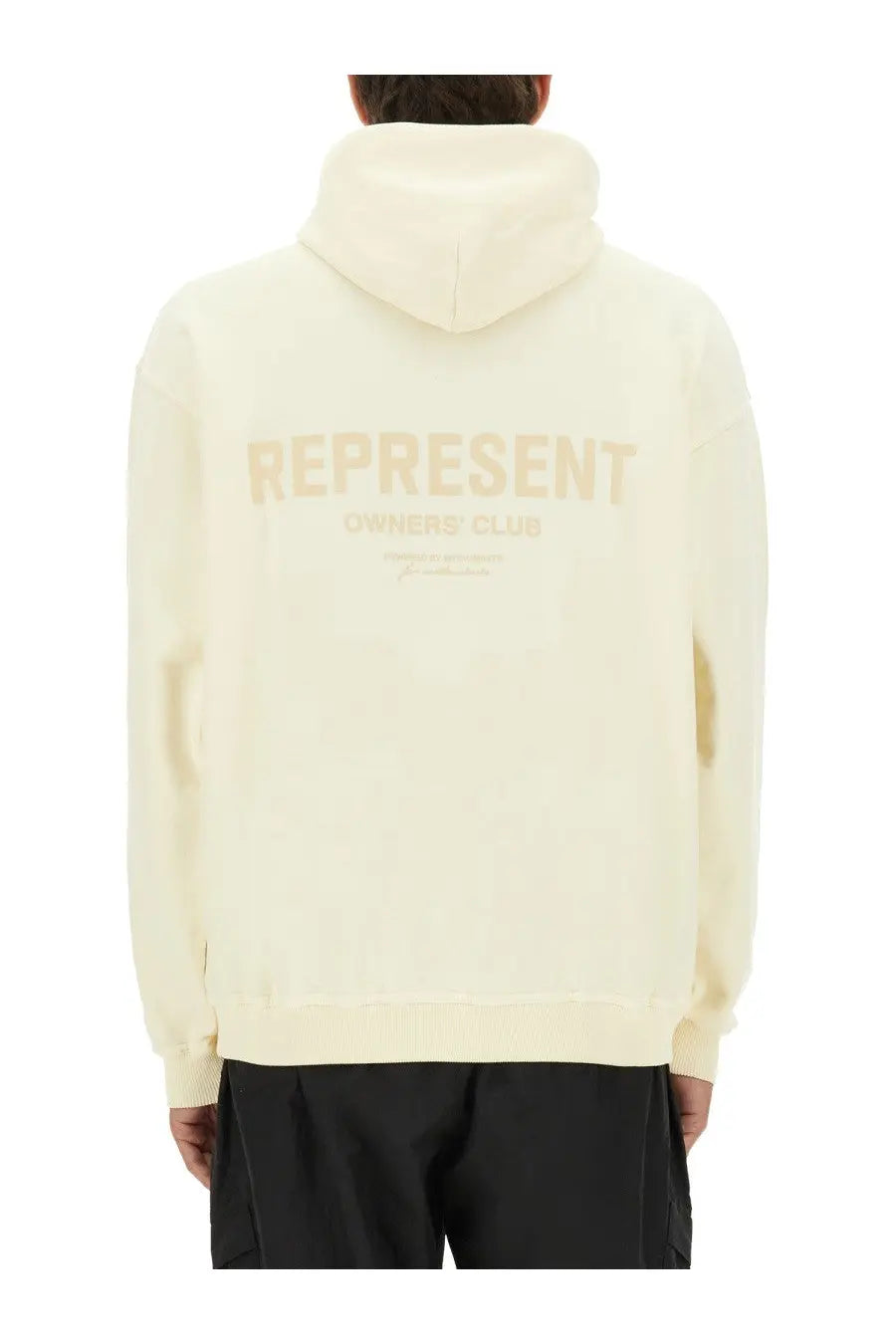 Cream-colored represent men’s hoodie beige with represent and owner club text ribbed cuffs and hem