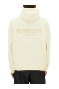 Cream-colored represent men’s hoodie beige with represent and owner club text ribbed cuffs and hem